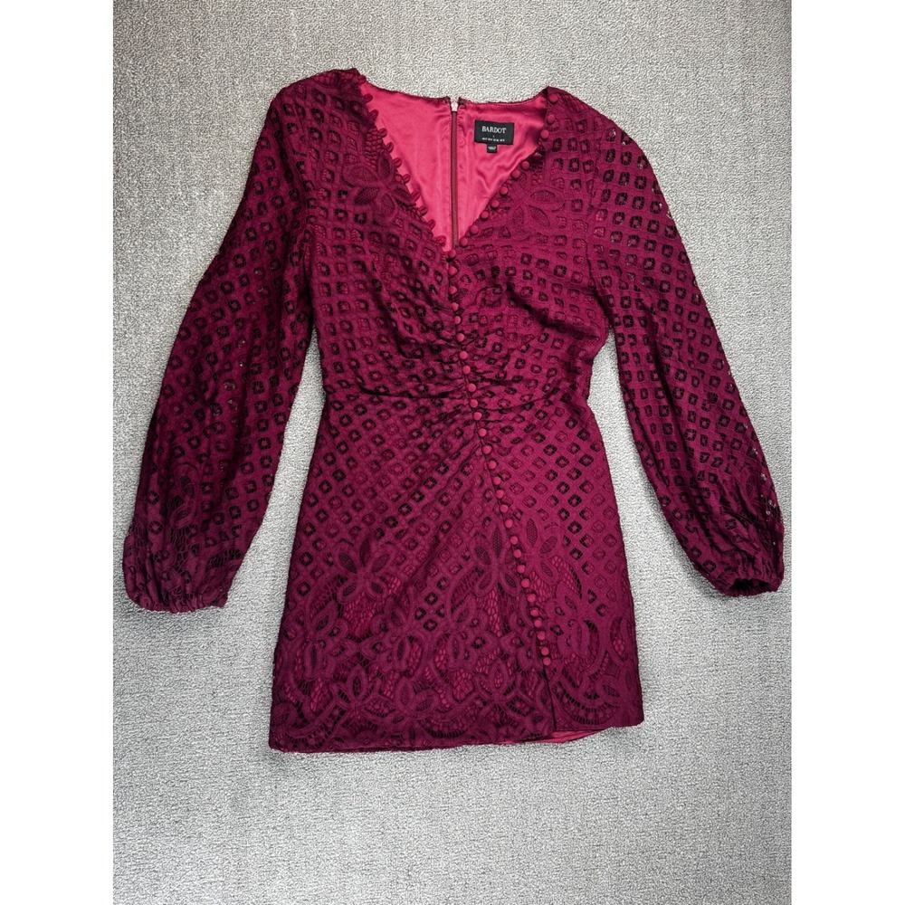 Bardot Dress Size US 4 Burgundy Lace Long Sleeve Mini Romantic Wedding Guest